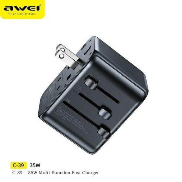 Awei Ład. siec. 2xUSB+3xUSB-C Adaptor C-39 35W 4w1 US/AU/EU/UK czarny/negru Univesal Travel GaN Charger