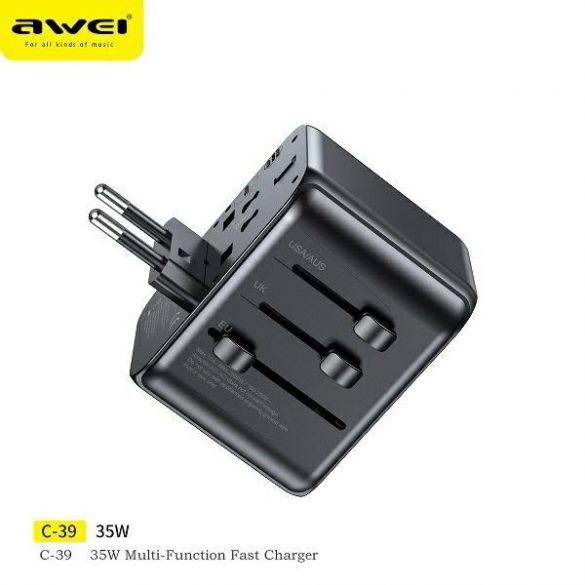 Awei Ład. siec. 2xUSB+3xUSB-C Adaptor C-39 35W 4w1 US/AU/EU/UK czarny/negru Univesal Travel GaN Charger