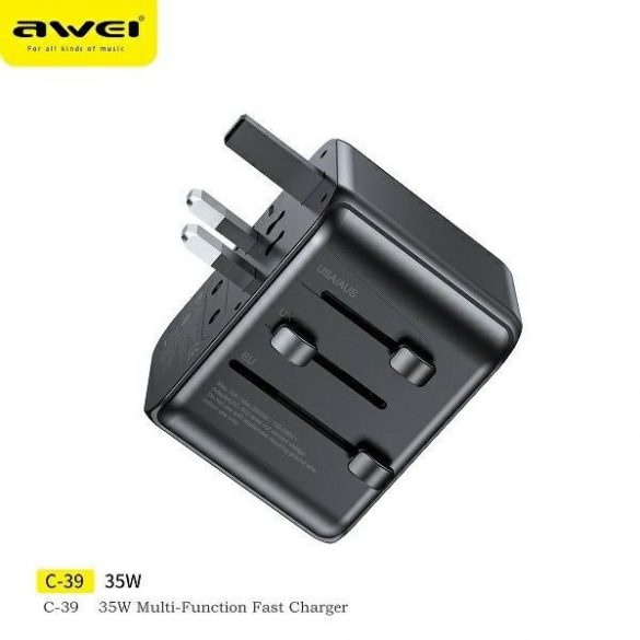 Awei Ład. siec. 2xUSB+3xUSB-C Adaptor C-39 35W 4w1 US/AU/EU/UK czarny/negru Univesal Travel GaN Charger