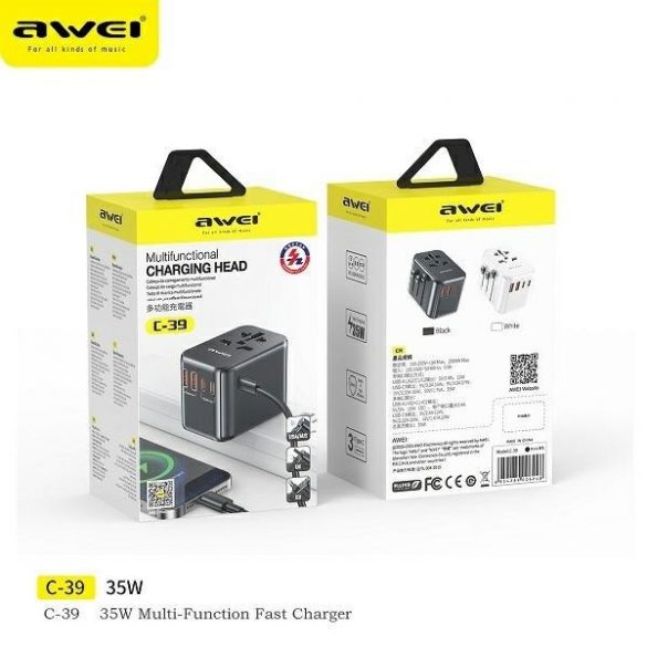 Awei Ład. siec. 2xUSB+3xUSB-C Adaptor C-39 35W 4w1 US/AU/EU/UK czarny/negru Univesal Travel GaN Charger