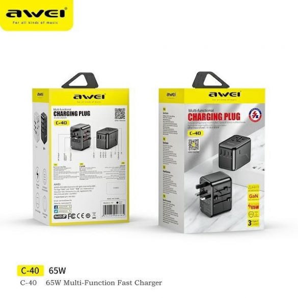 Awei Ład. siec. 2xUSB+3xUSB-C Adaptor C-40 65W 4w1 US/AU/EU/UK czarny/negru Univesal Travel GaN Charger