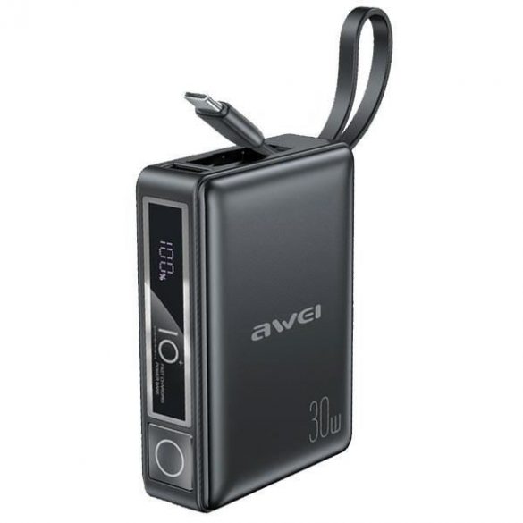 AWEI P87K powerbank 10000mAh 30W cu cablu Type-C încorporat - negru