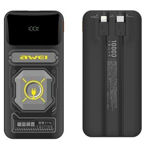 AWEI P77K powerbank 10000mAh 22.5W cu cablu Lightning și Type-C încorporat - negru