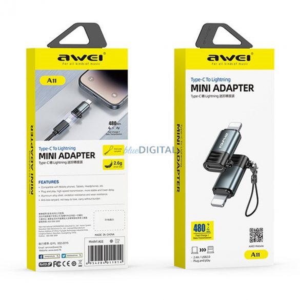 Adaptor AWEI A11 Lightning - Type-C - gri