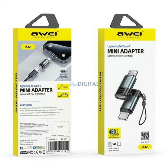 AWEI A12 Adaptor Type-C - Lightning - gri