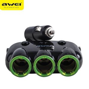 AWEI splitter auto C-35 3 prize brichetă 12V + 2 USB, splitter negru/negru