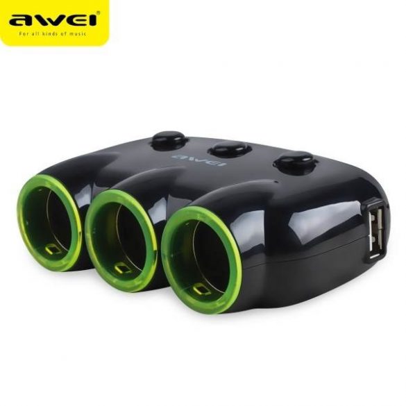 AWEI splitter auto C-35 3 prize brichetă 12V + 2 USB, splitter negru/negru