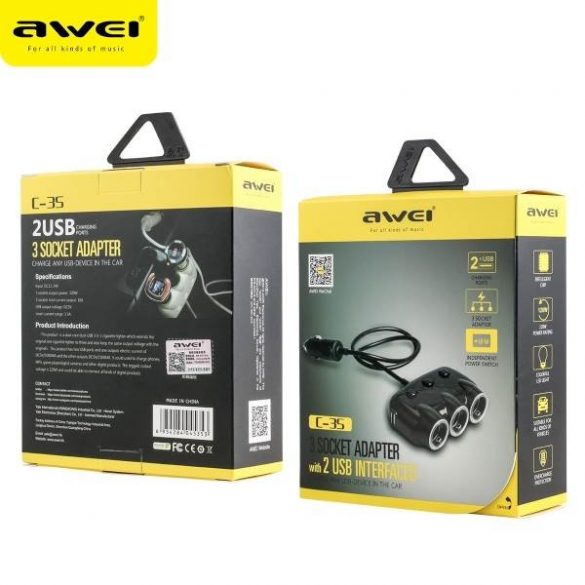 AWEI splitter auto C-35 3 prize brichetă 12V + 2 USB, splitter negru/negru