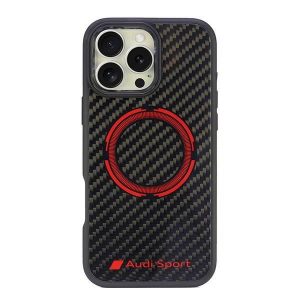 Audi AUS-TPUPCMIP16PM-RSQ/D5-BK Fibra de carbon Sport Red Circle MagSafe cazuri greu pentru iPhone 16 Pro Max - Negru