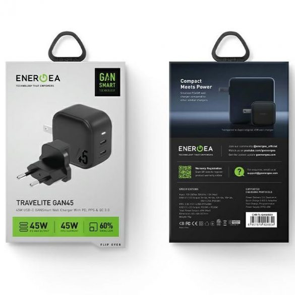 ENERGEA ład. siec. 2xUSB-C PD-PPS 45W 2C czarny/negru US+EU Travelite GAN45