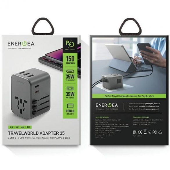 ENERGEA ład. siec. 3xUSB+2xUSB-C PD-PPS-QC 3.0 35.5W 3A2C Adaptor 4w1 US/UA/EU/UK szary/gunmetal Travelworld