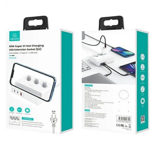 USAMS Listwa zasilająca 65W Super Si Încărcare rapidă Priză extensie USB EU biały/alb CC160TC01 (US-CC160)