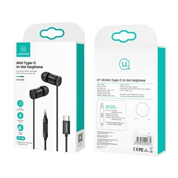 USAMS Căști stereo EP-46 USB-C negru/negru 1,2 m HSEP4603