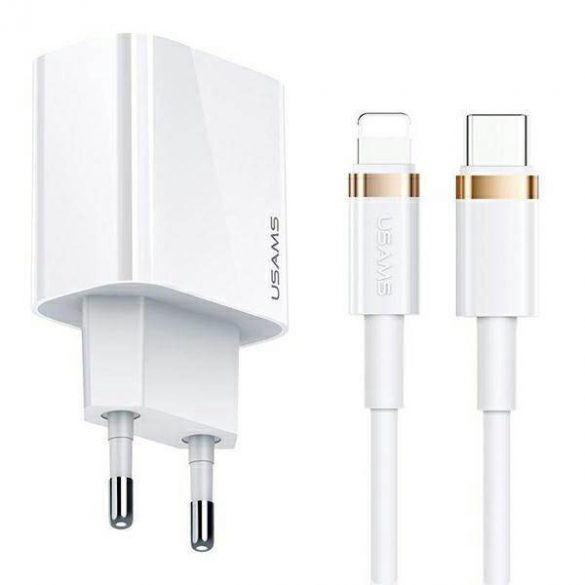 USAMS Ład. siec. 1xUSB-C T34 20W 5V-3A PD3.0 + kabel U63 USB-C do lightning 20W alb/alb  (T49) T49OCLN01