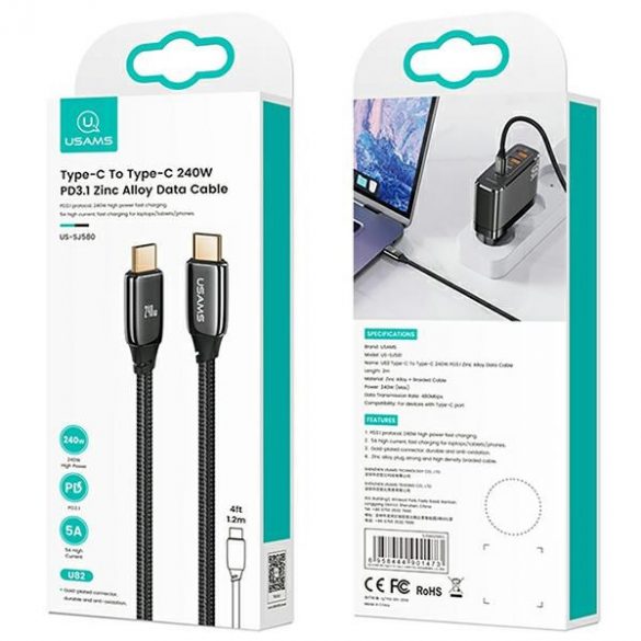 USAMS Kabel pleciony U82 USB-C și USB-C 1,2 m 240 W PD 3.1 Încărcare rapidă czarny/negru SJ580USB01 (US-SJ580)