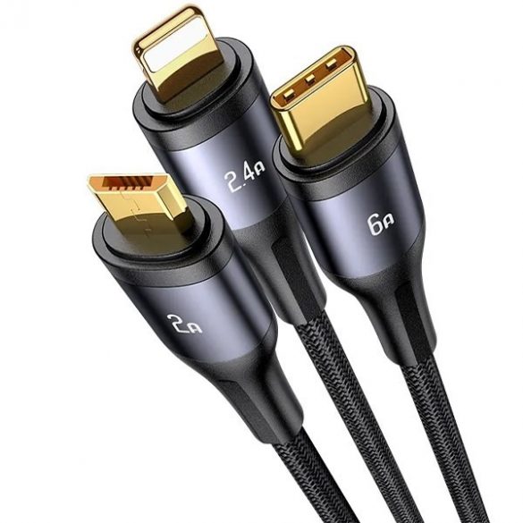 USAMS Kabel pleciony U83 3w1 66W 1,2m Afișaj digital PD Încărcare rapidă (fulger/microUSB/USB-C) czarny/negru SJ582USB01 (US-SJ582)