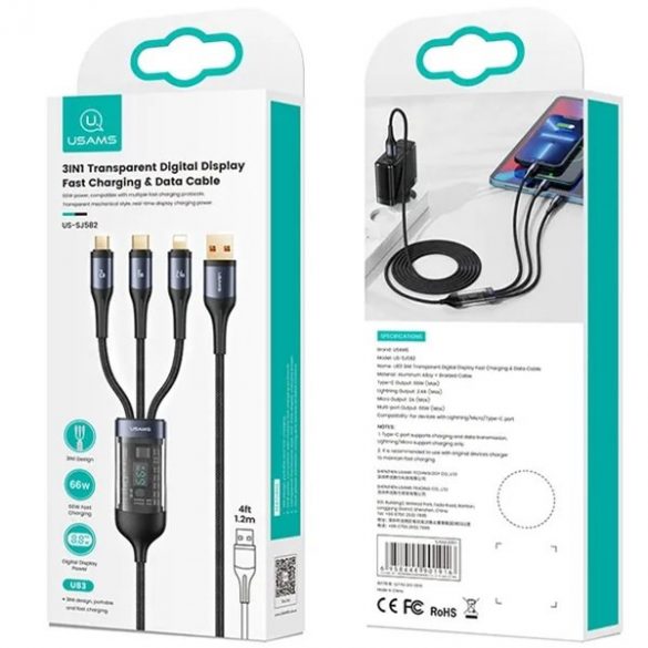 USAMS Kabel pleciony U83 3w1 66W 1,2m Afișaj digital PD Încărcare rapidă (fulger/microUSB/USB-C) czarny/negru SJ582USB01 (US-SJ582)