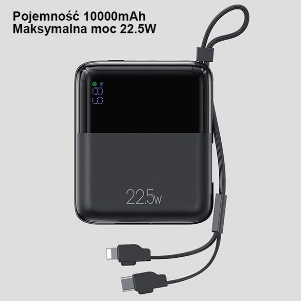 USAMS Powerbank PB69 10000mAh 22.5W QC3.0+PD încărcare rapidă afișaj digital negru / negru 10KCD18601 (US-CD186)