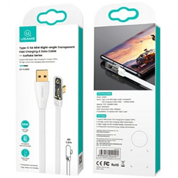 USAMS USB la USB-C cablu unghiular PD 6A 66W încărcare rapidă Iceflake Series 1.2m alb/alb SJ585USB02 (US-SJ585)