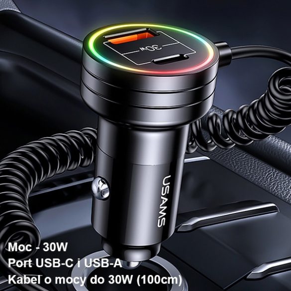 USAMS Ład. sam. 2xUSB-C 1xUSB-A C33 60W cu cablu cu arc Fast Charge czarny/negru CC167CC01 (US-CC167)