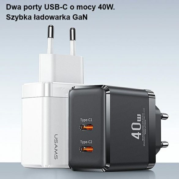 USAMS Ład. siec. 2xUSB-C T54 GaN 40W (numai cap) PD Încărcare rapidă czarny/negru CC172TC01 (US-CC172)