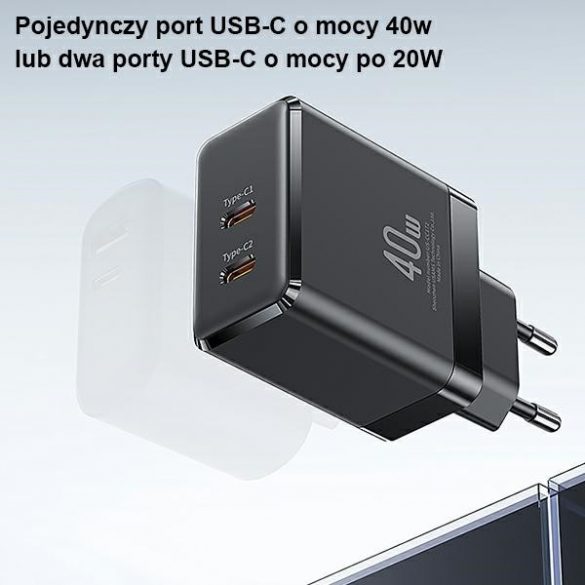 USAMS Ład. siec. 2xUSB-C T54 GaN 40W (numai cap) PD Încărcare rapidă czarny/negru CC172TC01 (US-CC172)