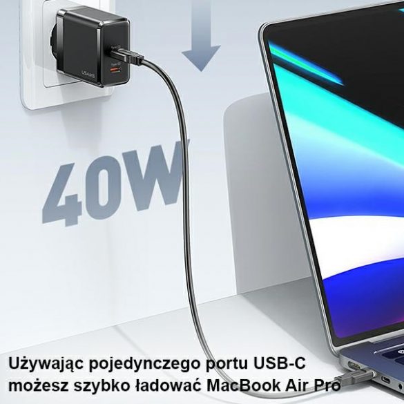 USAMS Ład. siec. 2xUSB-C T54 GaN 40W (numai cap) PD Încărcare rapidă czarny/negru CC172TC01 (US-CC172)