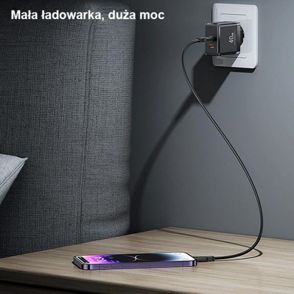 USAMS Ład. siec. 2xUSB-C T54 GaN 40W (numai cap) PD Încărcare rapidă czarny/negru CC172TC01 (US-CC172)