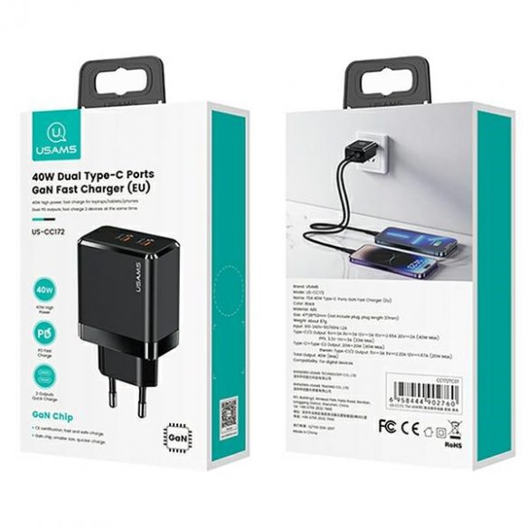 USAMS Ład. siec. 2xUSB-C T54 GaN 40W (numai cap) PD Încărcare rapidă czarny/negru CC172TC01 (US-CC172)