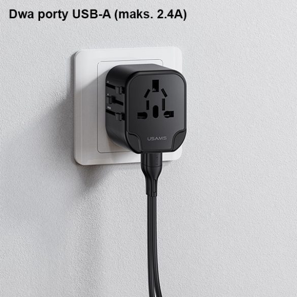 USAMS Ład. siec. 2xUSB T55 12W adaptor 4w1 US/AU/EU/UK czarny/negru CC173TC01 (US-CC173) Încărcător de călătorie Univesal