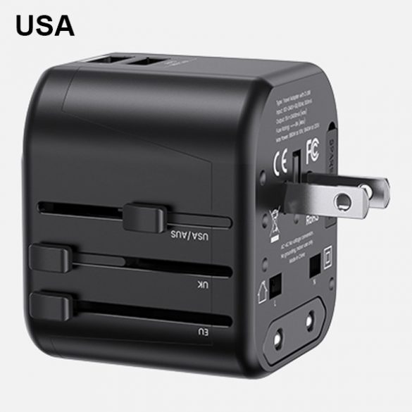 USAMS Ład. siec. 2xUSB T55 12W adaptor 4w1 US/AU/EU/UK czarny/negru CC173TC01 (US-CC173) Încărcător de călătorie Univesal