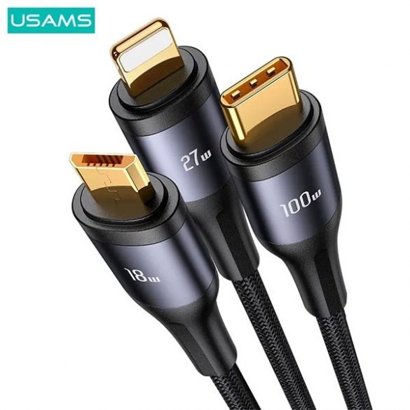 USAMS Kabel pleciony U83 3w1 100W 1,2m Afișaj digital PD Încărcare rapidă (fulger/microUSB/USB-C) SJ600USB01 (US-SJ600)