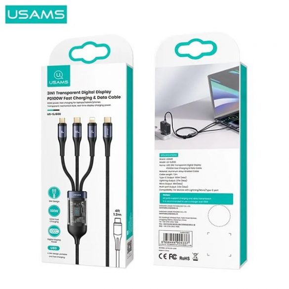 USAMS Kabel pleciony U83 3w1 100W 1,2m Afișaj digital PD Încărcare rapidă (fulger/microUSB/USB-C) SJ600USB01 (US-SJ600)