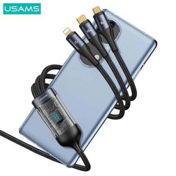 USAMS Kabel pleciony U83 3w1 100W 1,2m Afișaj digital PD Încărcare rapidă (fulger/microUSB/USB-C) SJ600USB01 (US-SJ600)