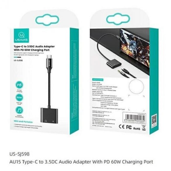 Adaptor USAMS AU15 USB-C - mufă 3,5 m DAC + USB-C PD60W czarny/negru SJ598YPTC01 (US-SJ598)