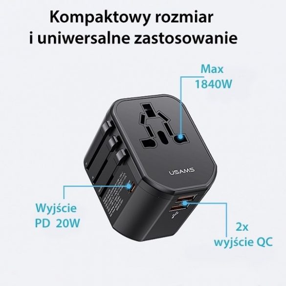 USAMS Ład. siec. 2xUSB T59 20W adaptor 4w1 US/AU/EU/UK czarny/negru CC179TC01 (US-CC179) Încărcător de călătorie Univesal