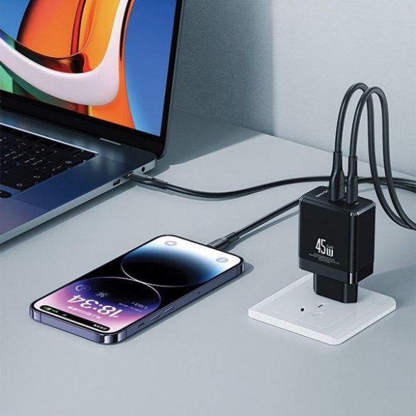 USAMS Ład. siec. 1xUSB-C+1xUSB 45W (doar cap) GaN PD3.0 +QC3.0 Încărcare rapidă czarny/negruCC178TC01 (US-CC178)