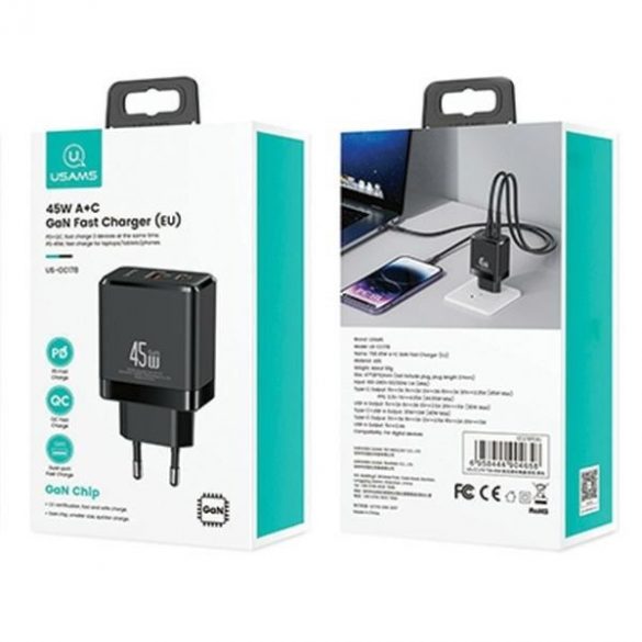 USAMS Ład. siec. 1xUSB-C+1xUSB 45W (doar cap) GaN PD3.0 +QC3.0 Încărcare rapidă czarny/negruCC178TC01 (US-CC178)