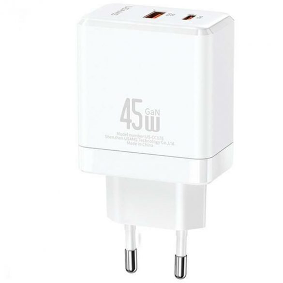 USAMS Ład. siec. 1xUSB-C+1xUSB 45W (numai cap) GaN PD3.0 +QC3.0 Încărcare rapidă biały/alb CC178TC02 (US-CC178)