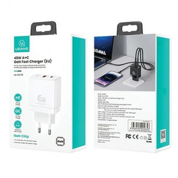 USAMS Ład. siec. 1xUSB-C+1xUSB 45W (numai cap) GaN PD3.0 +QC3.0 Încărcare rapidă biały/alb CC178TC02 (US-CC178)