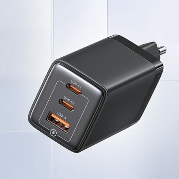 USAMS Ład. siec. 2xUSB-C+1xUSB 65W (doar cap) GaN PD3.0 +QC3.0 Încărcare rapidă czarny/negru Seria Sandru CC180TC01 (US-CC180)