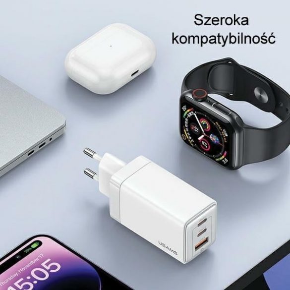 USAMS Ład. siec. 2xUSB-C+1xUSB 65W (doar cap) GaN PD3.0 +QC3.0 Încărcare rapidă czarny/negru Seria Sandru CC180TC01 (US-CC180)