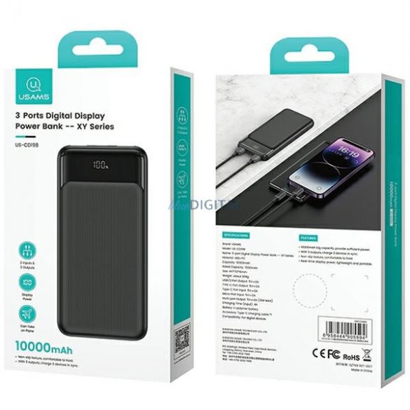 USAMS US-CD198 XY Series powerbank cu conector 2xUSB-A și 1xUSB-C 10000mAh 10W - negru