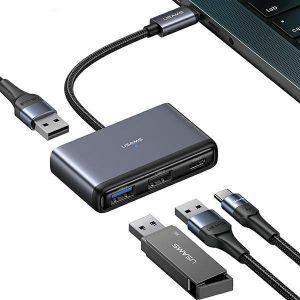 Adaptor USAMS HUB 4w1 2xUSB 2.0/USB 3.0/USB-C szary/gri închis SJ627HUB01 (US-SJ627)