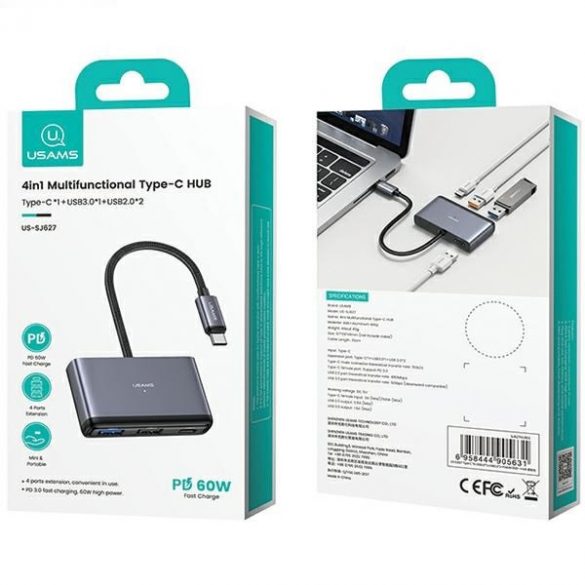 Adaptor USAMS HUB 4w1 2xUSB 2.0/USB 3.0/USB-C szary/gri închis SJ627HUB01 (US-SJ627)