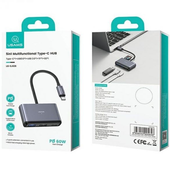 Adaptor USAMS HUB 5w1 USB 2.0/USB 3.0/USB-C/TF/SD szary/gri închis SJ628HUB01 (US-SJ628)