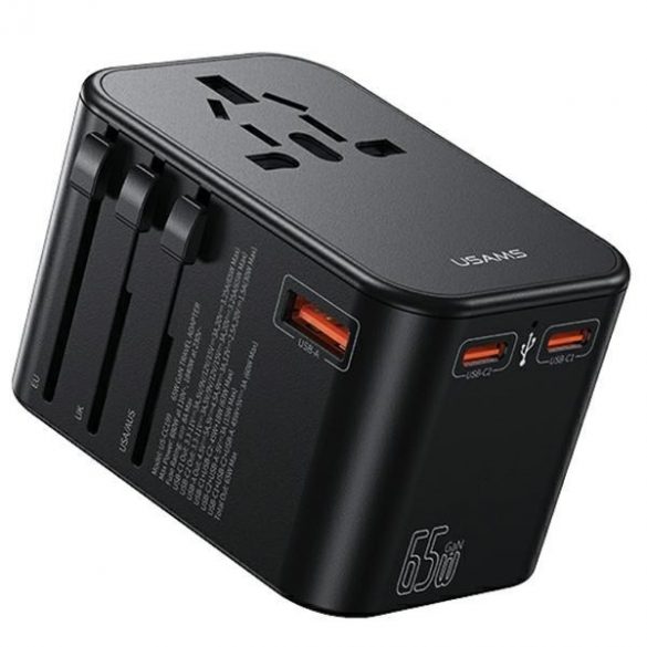 Adaptor USAMS siec 1xUSB+2xUSB-C T62 65W 4w1 US/AU/EU/UK czarny/negru CC199TC01 (US-CC199) Încărcător de călătorie Univesal