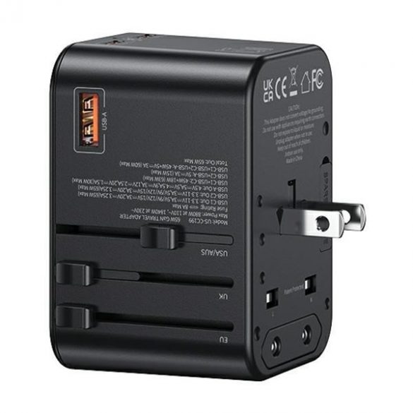 Adaptor USAMS siec 1xUSB+2xUSB-C T62 65W 4w1 US/AU/EU/UK czarny/negru CC199TC01 (US-CC199) Încărcător de călătorie Univesal