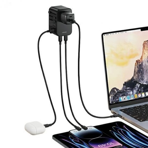 Adaptor USAMS siec 1xUSB+2xUSB-C T62 65W 4w1 US/AU/EU/UK czarny/negru CC199TC01 (US-CC199) Încărcător de călătorie Univesal