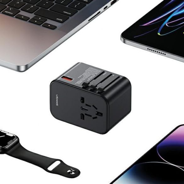 Adaptor USAMS siec 1xUSB+2xUSB-C T62 65W 4w1 US/AU/EU/UK czarny/negru CC199TC01 (US-CC199) Încărcător de călătorie Univesal